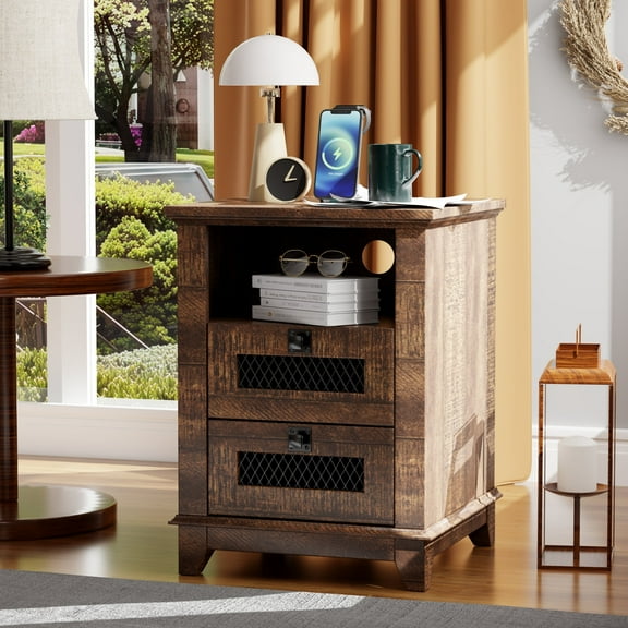 OKD 2-Drawer Wooden End Table with Charging Station for Living Room, Modern Square Nightstand, Reclaimed Barnwood