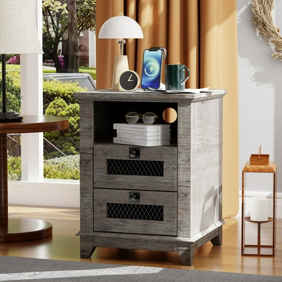 OKD 2-Drawer Wooden Nightstand with Charging Station for Living Room, Modern Square End Table, Light Rustic Oak