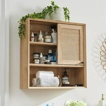 OKD 23" W Farmhouse Rattan Bathroom Wall Storage Cabinet, Floating Shelves for Wall,Medicine Cabinet with Door and Adjustable Shelves, Natural Oak