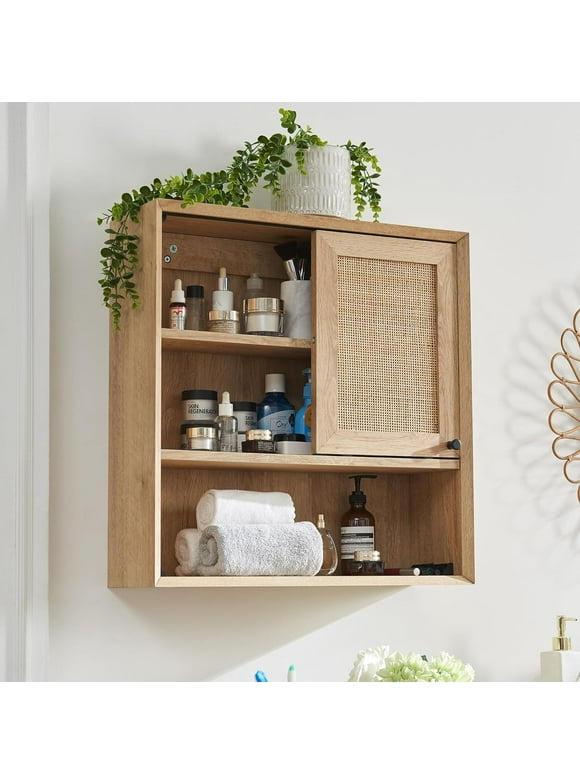 OKD 23" W Farmhouse Rattan Bathroom Wall Storage Cabinet, Floating Shelves for Wall,Medicine Cabinet with Door and Adjustable Shelves, Natural Oak