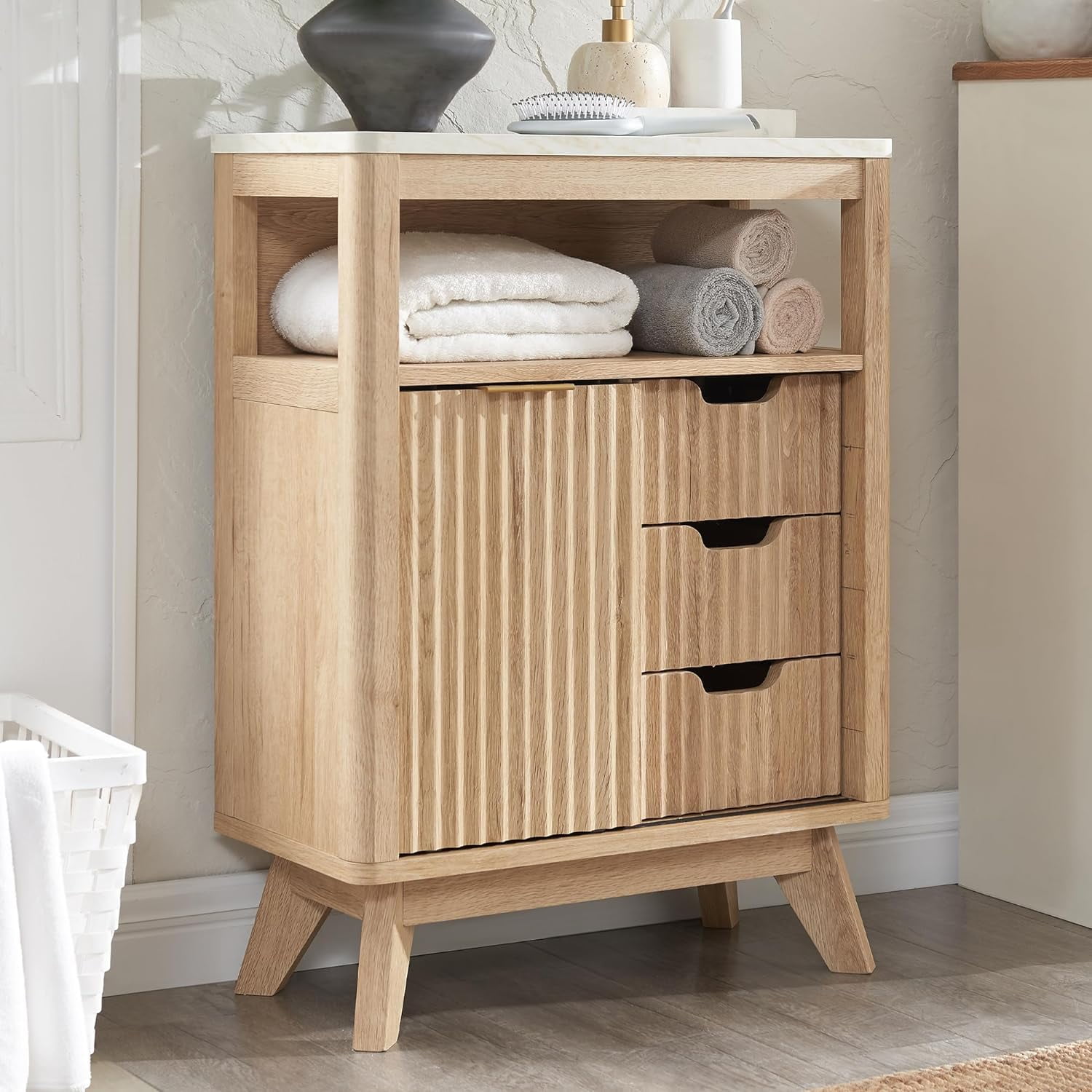 OKD Bathroom Storage Cabinet with Sliding Door, Modern Fluted 3 Drawers ...