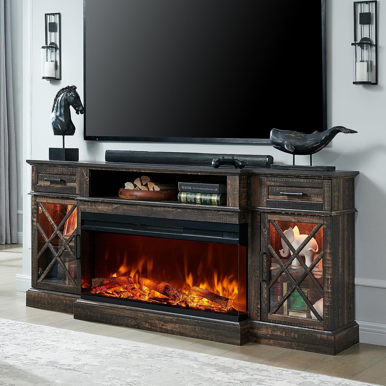OKD Highboy Entertainment Center with Electric Fireplace 70 Farmhouse TV Stand Dark Rustic Oak Walmart
