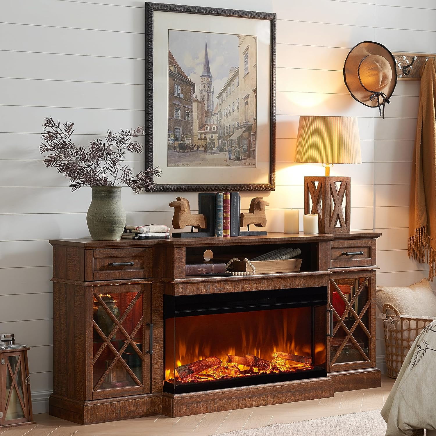 OKD 3-Sided Glass Farmhouse 70 Fireplace TV Stand for TVs up to 80,  Highboy Entertainment Center with 36 Electric Fireplace, Reclaimed  Barnwood - Walmart.com
