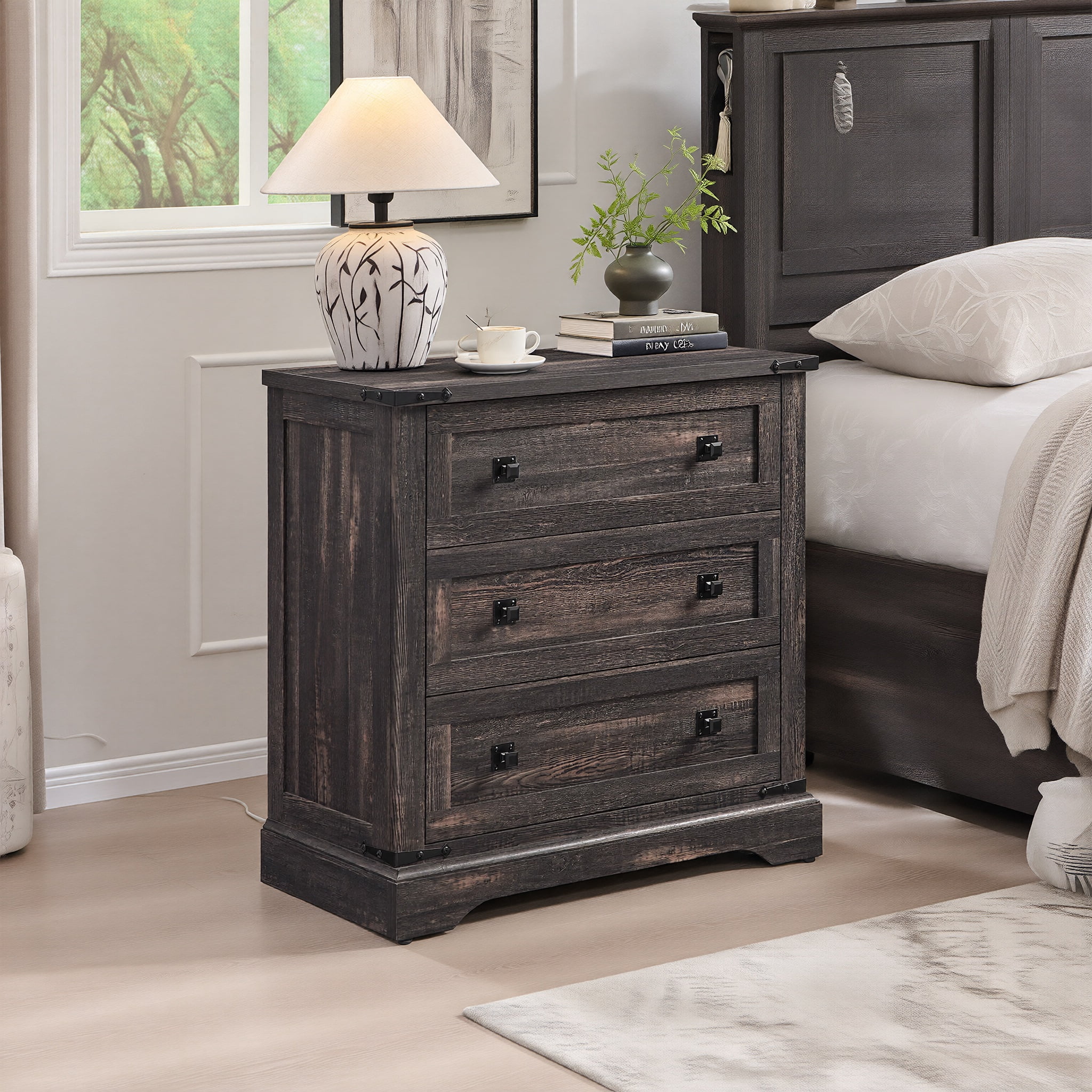 OKD 32" Farmhouse Nightstand with Charging Station, Rustic Wood End ...
