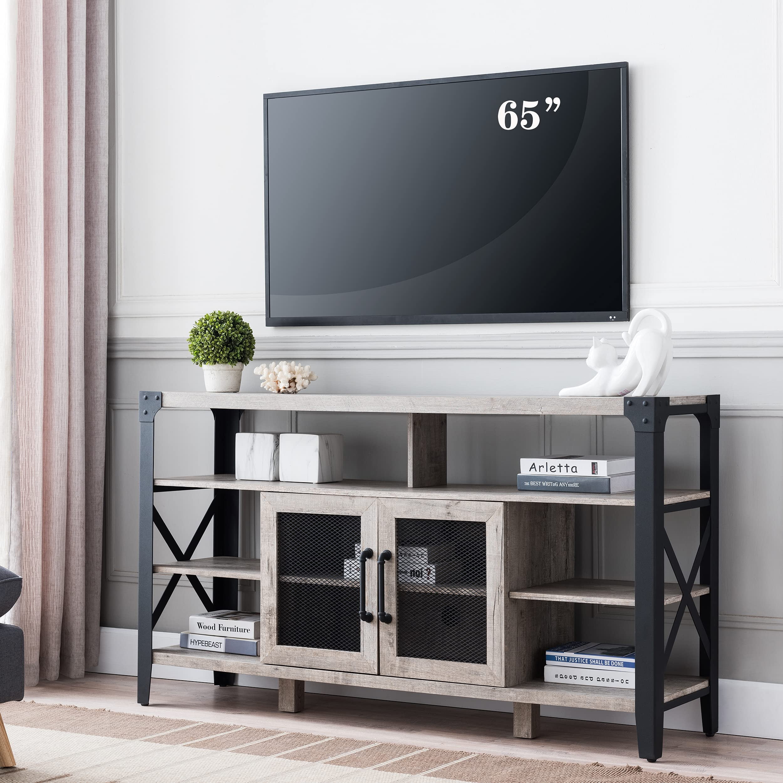 OKD 33" High Tall Industrial Metal TV Stand with Open Shelves for TVs