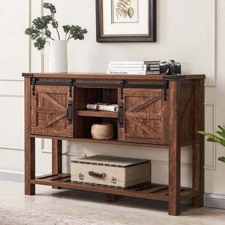 OKD Farmhouse 46'' Large Farmhouse Entryway Table with Sliding Barn Doors, Console Table Sofa Side Table with Storage and Adjustable Shelf, Reclaimed Barnwood