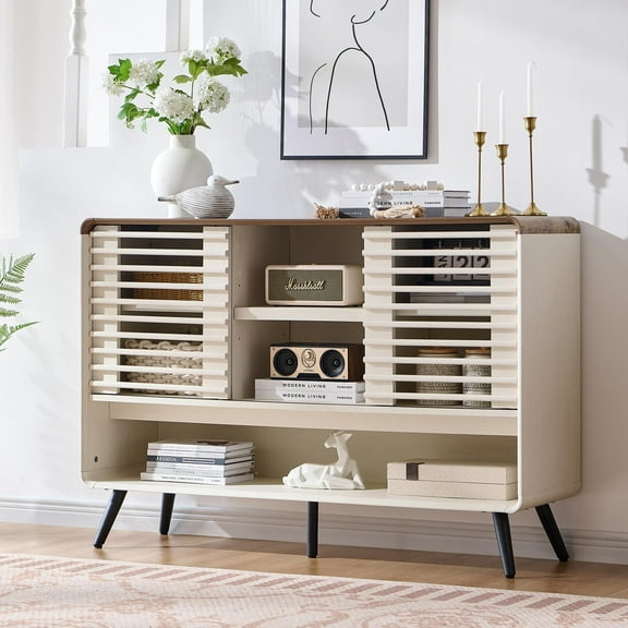 OKD 46" Entryway Table with Sliding Slatted Door, Mid Century Modern Wood Console Table Adjustable & Open Storage Shelf, Console Table for Hallway, Foyer, Living Room, Antique White