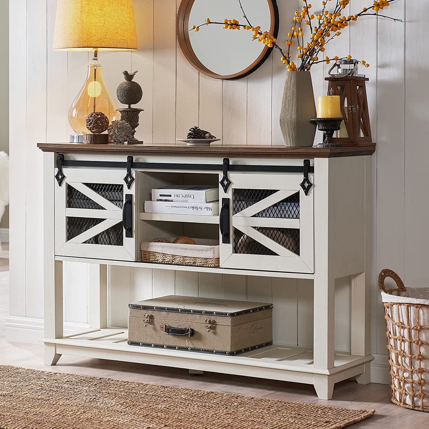 Farmhouse entryway table with storage discount