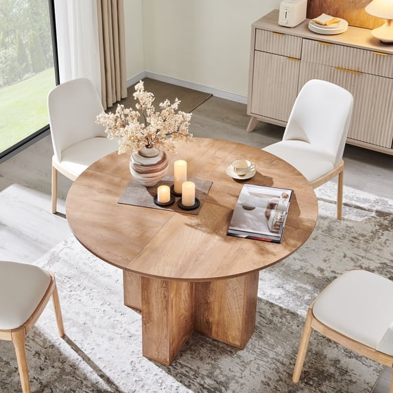 OKD 47” Round Dining Table for 4–6, Circle Kitchen Table with Cross Base, Round Dining Room Table for Dining Room, Kitchen, Living Room, Light Tree Knot