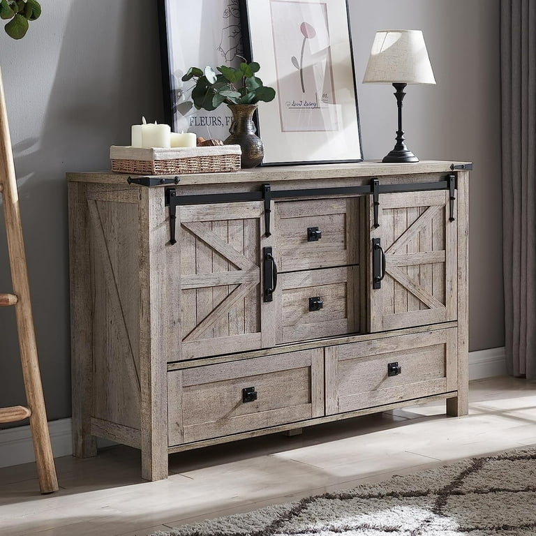 OKD 48" Farmhouse Dresser, 4 Drawer Wood Chests Organizers with Storage, Light Rustic Oak OKD 48" Farmhouse Dresser, 4 Drawer Wood Chests Organizers with Storage, Light Rustic Oak
