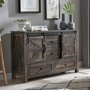 OKD 48 Farmhouse Dresser, 4 Drawer Wood Chests Organizers with Storage Shelves, Dark Rustic Oak