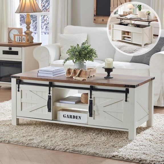 OKD 48" Farmhouse Lift Top Coffee Table with Sliding Barn Door, Rustic Center Table with Hidden Storage Compartment for Living Room, Office, Antique White