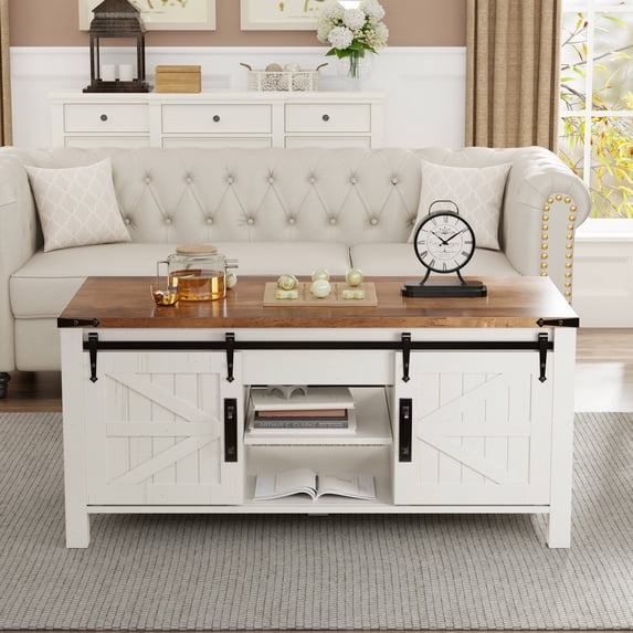 OKD 48" Farmhouse Lift Top Coffee Table with Sliding Barn Door, Rustic Center Table with Hidden Storage Compartment for Living Room, Office, Antique White