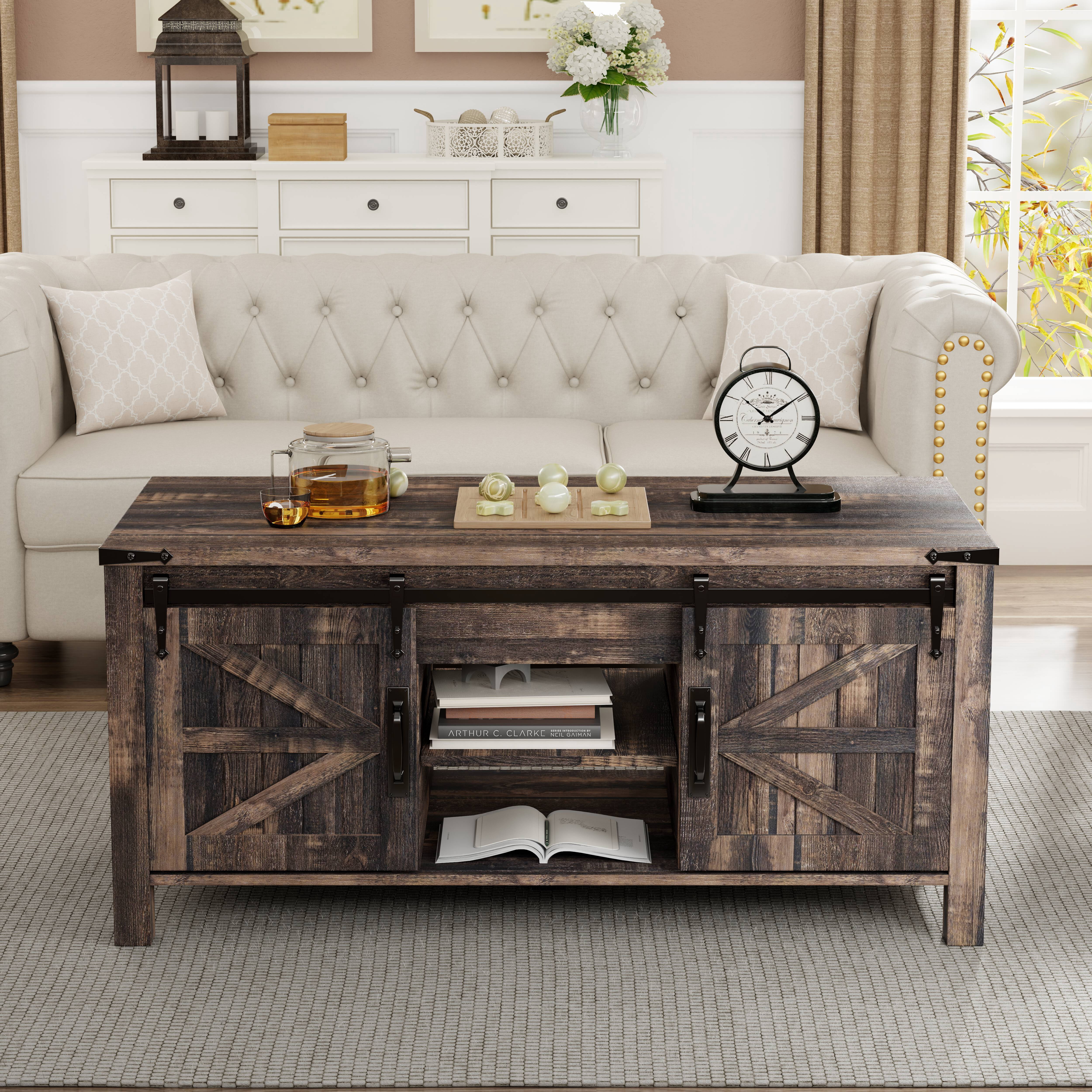 OKD 48" Farmhouse Lift Top Coffee Table with Sliding Barn Door, Rustic Center Table with Hidden Storage Compartment for Living Room, Office, Dark Rustic Oak