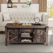 OKD 48 Farmhouse Lift Top Coffee Table with Sliding Barn Door, Rustic Center Table with Hidden Storage Compartment for Living Room, Office, Dark Rustic Oak