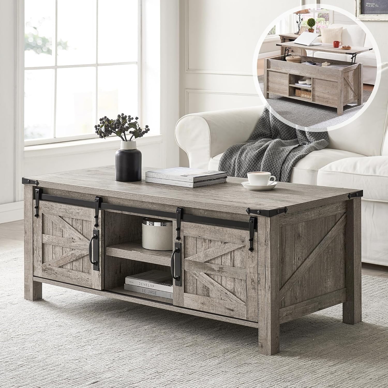 OKD 48" Farmhouse Lift Top Coffee Table with Sliding Barn Door, Rustic Center Table with Hidden Storage Compartment for Living Room, Office, Light Rustic Oak