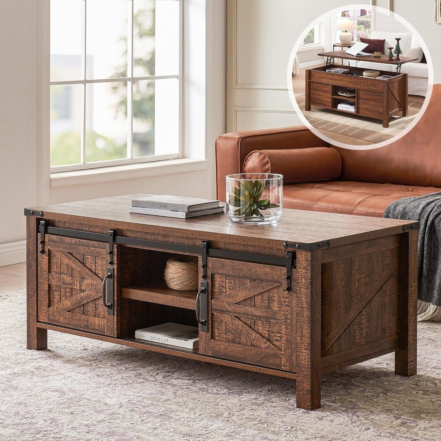 Rustic Oak Lift-Top Coffee Table with Sliding Barn Doors