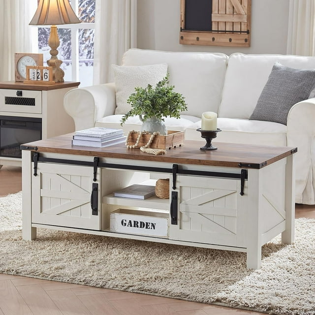 OKD 48" Farmhouse Rectangle Coffee Table Wood with Sliding Barn Doors