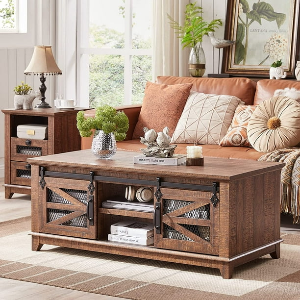OKD 48 Farmhouse Rectangular Metal Coffee Table with Storage Sliding Barn Doors and Wood Tabletop for Living Room Reclaimed Barnwood