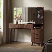 KeyWhat 48" Fluted Vanity Desk with 36" Mirror and Lights, Modern Makeup Table with 5 Drawers, Charging Station, Adjustable Shelves - Dark Walnut