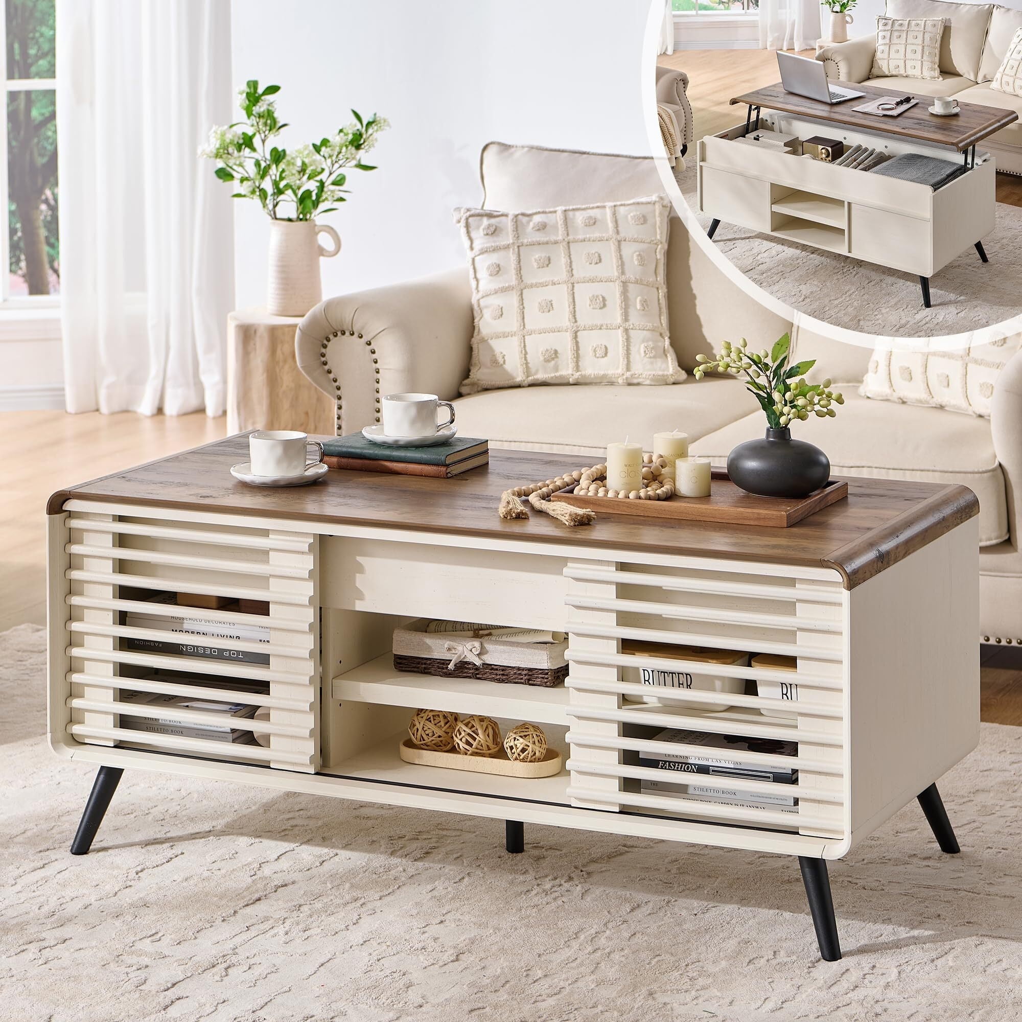 OKD 48" Mid-Century Lift Top Coffee Table with Sliding Barn Door, Exquisite Apartment Style Center Table with Hidden Storage Compartment for Living Room, Office, Antique White