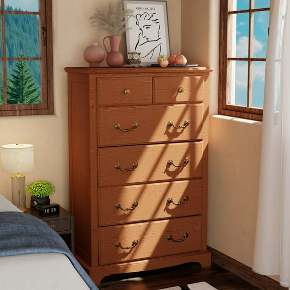 OKD 48" Tall Farmhouse Dresser 6 Drawers Modern Rustic Wood Chest of Drawers Closet Storage Organizers for Bedroom Living Room Hallway, Cherry