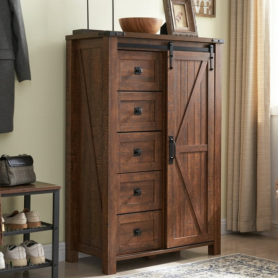 OKD 5 Drawer Dresser with Sliding Barn Door, Farmhouse Modern Storage Cabinet for Bedroom, Chest of Drawers Wood Organizer for Living Room, Reclaimed Barnwood