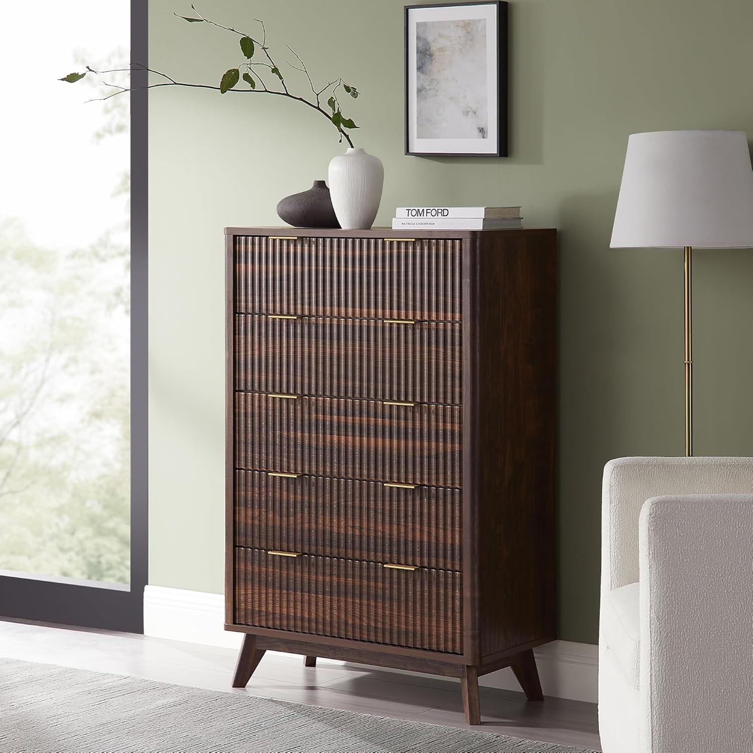 OKD 5 Drawer Dresser for Bedroom with Faux Marble Top, Modern Wood Chest of Drawers, Dresser Organizer, Dark Walnut
