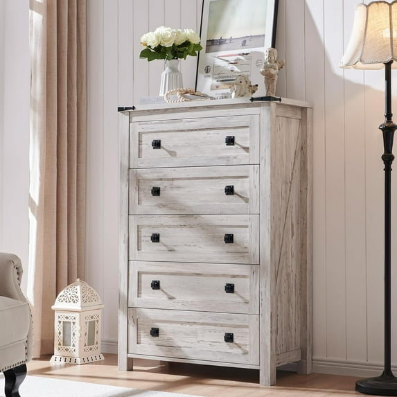 OKD 5 Drawers Dresser Chests for Bedroom Farmhouse, Wood Rustic Tall Chest of Drawers, Antique Brush White