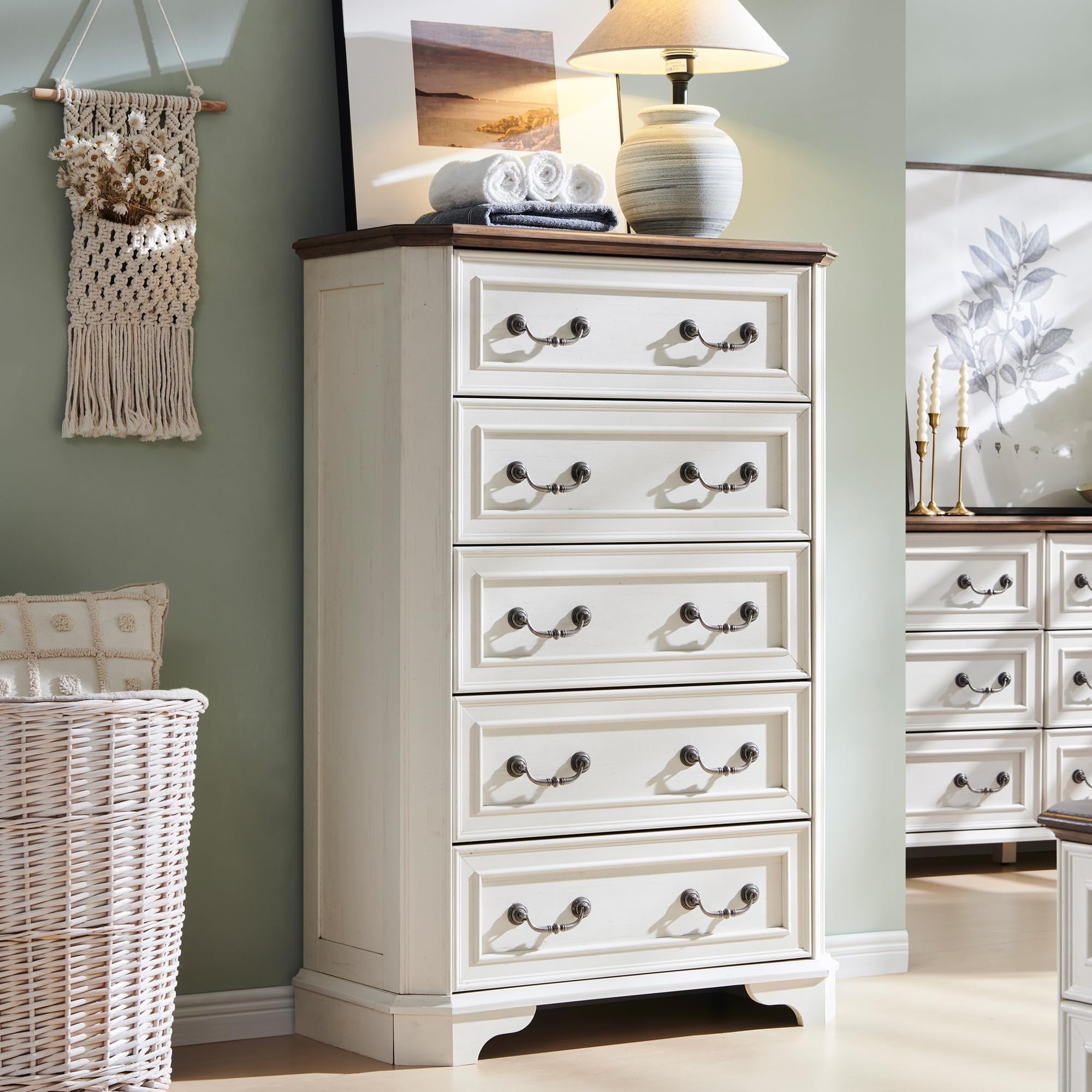 Antique White Farmhouse 5-Drawer Tall Wood Dresser