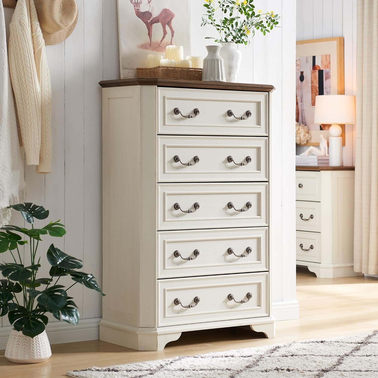 Antique White Farmhouse 5-Drawer Tall Wood Dresser