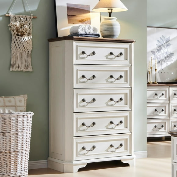 OKD 5 Drawers Dresser Chests for Bedroom, Farmhouse Wood Rustic Tall Chest of Drawers, Organizer for Living Room, Antique White
