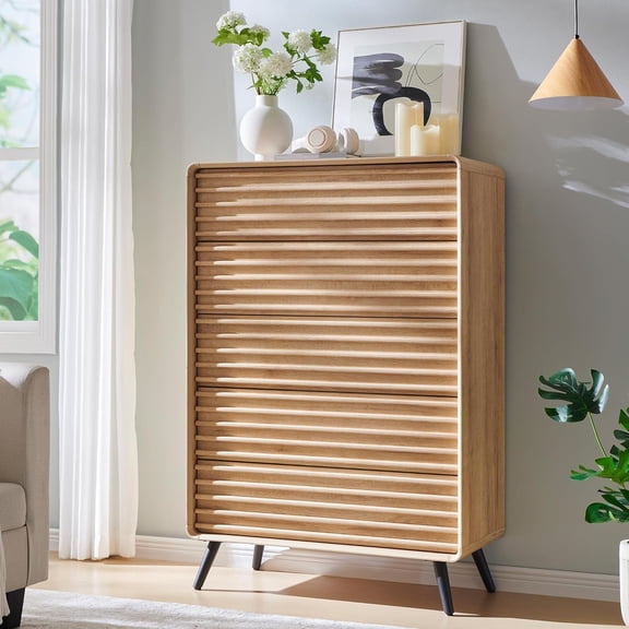 OKD 5 Drawers Dresser Chests for Home Bedroom, Modern Wood Fluted Chest of Drawers for Bedroom, Living Room, Hallway, Natural Oak