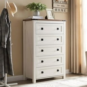OKD 5 Drawers Dresser Chests for Home Bedroom, Farmhouse Wood Rustic Tall Chest of Drawers, Pull Storage Cabinet, off White