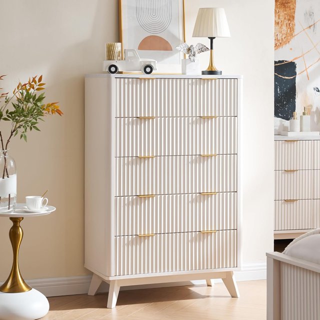 OKD Modern 5Drawer White Dresser with Faux Marble Top, Wood Storage