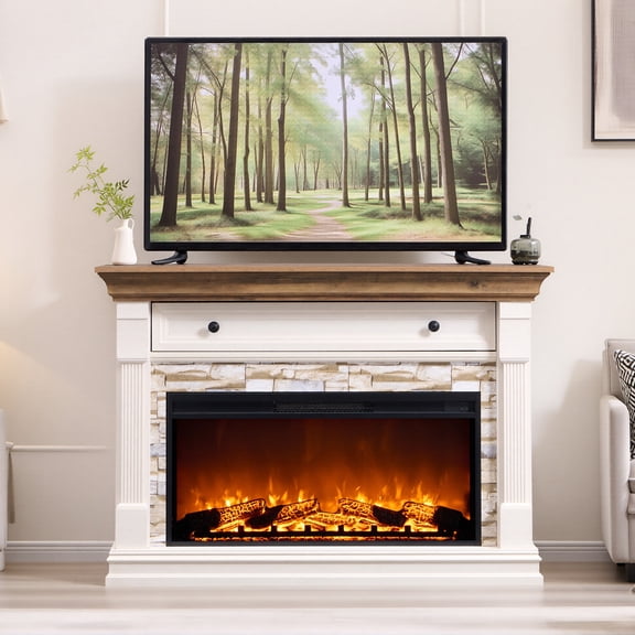 OKD 52” Electric Fireplace Mantel Freestanding Electric Fireplace, Electric Fireplace Heater with Remote Control & LED Lights for Living Room, Bedroom, Antique White