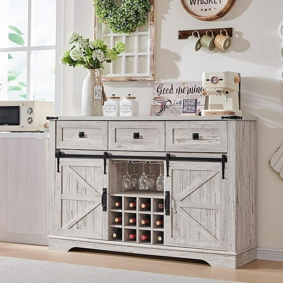 OKD 54" Wide Farmhouse Coffee Bar Wine Cabinet with 3 Drawers & 6 Storage Shelves Rustic Wood Buffet Sideboard for Dinning Room Living Room, Antique Brush White