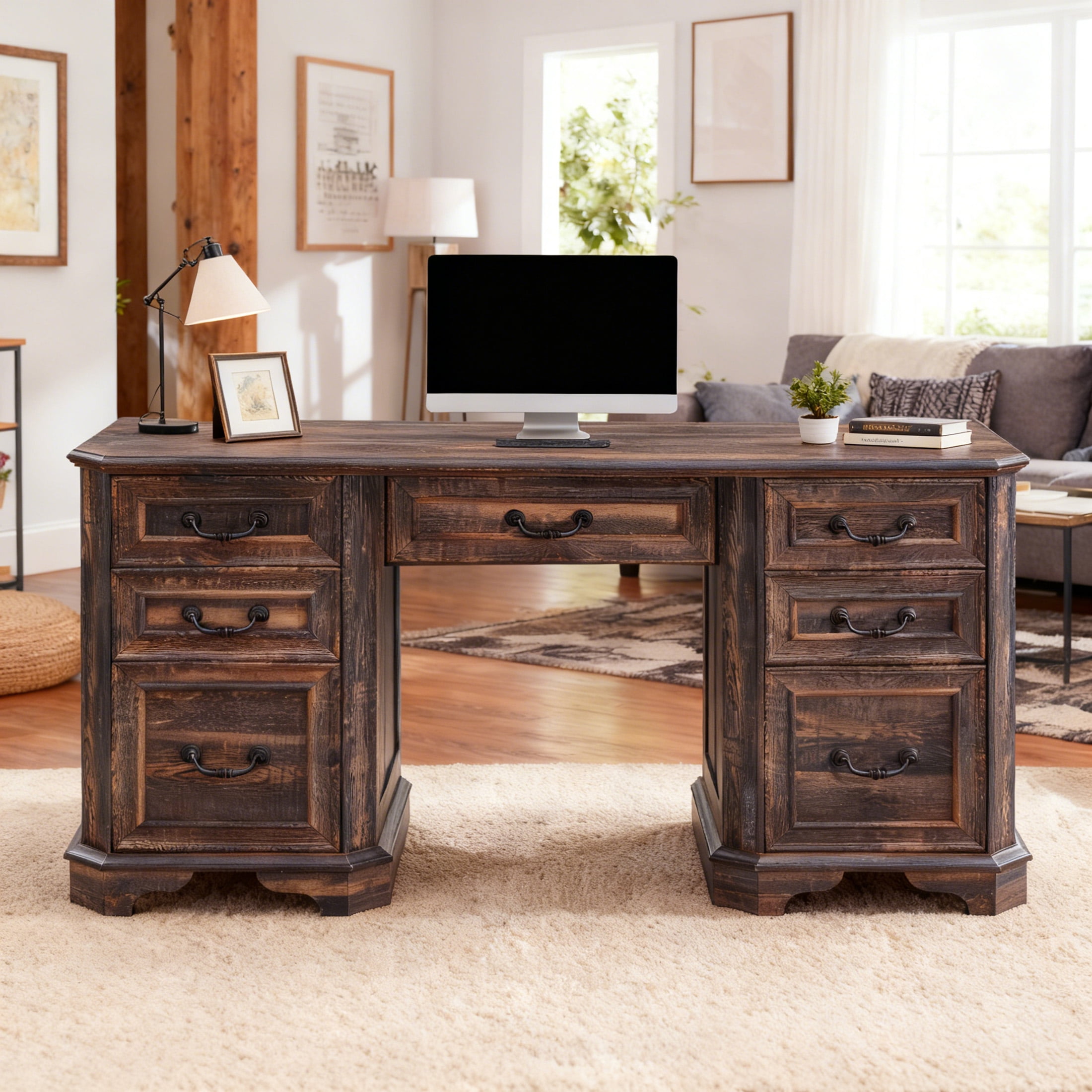 OKD 59" Farmhouse Office Desk，Rustic Desk - Engineered Wood，Corner Desk Charging Station，File drawer，For Study & Living Room Use