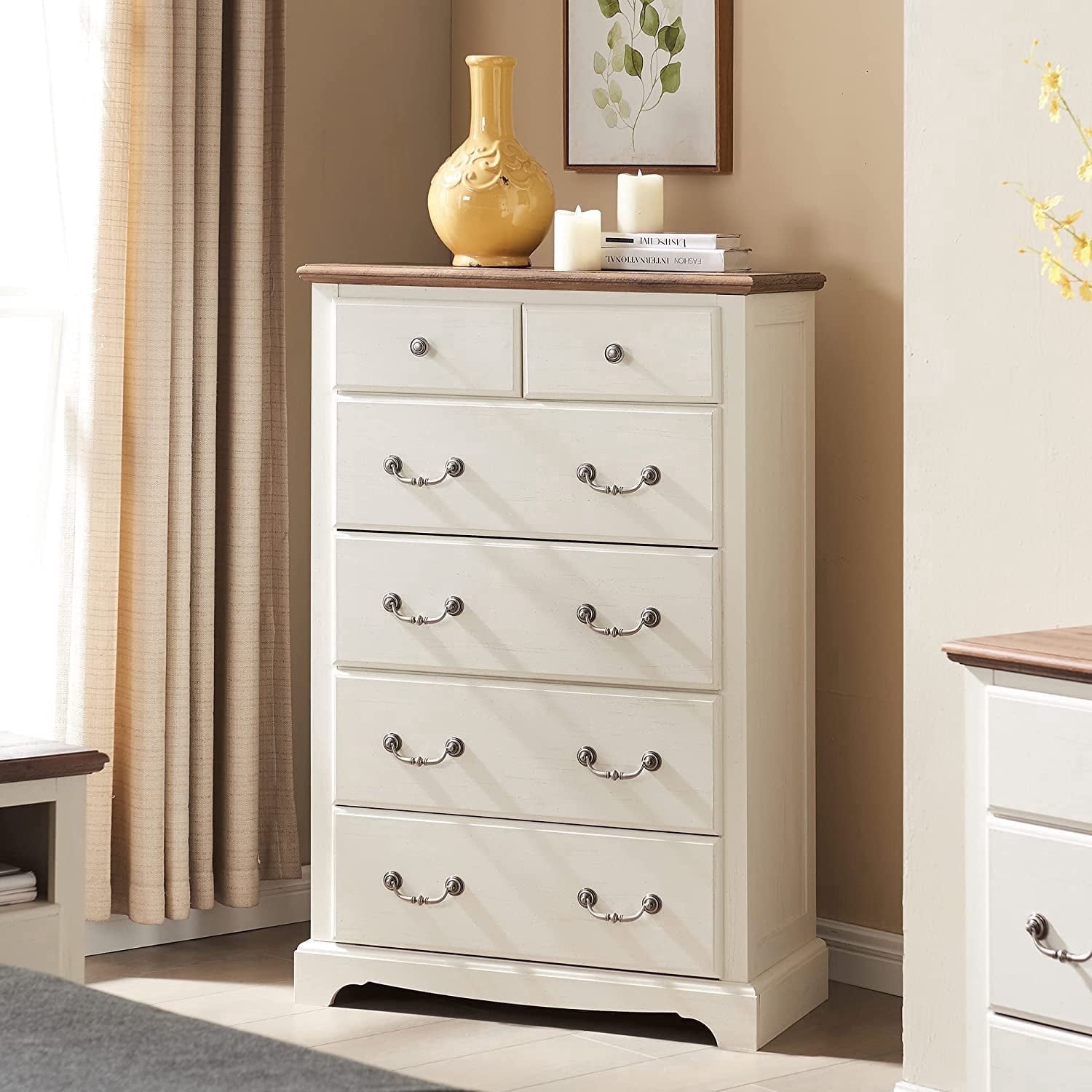 OKD 48" Tall 6 Drawers Dresser for Bedroom, Farmhouse Wooden Chest of Drawers, Closet Clothes Storage Organizer for Bedroom, Living Room, Antique White