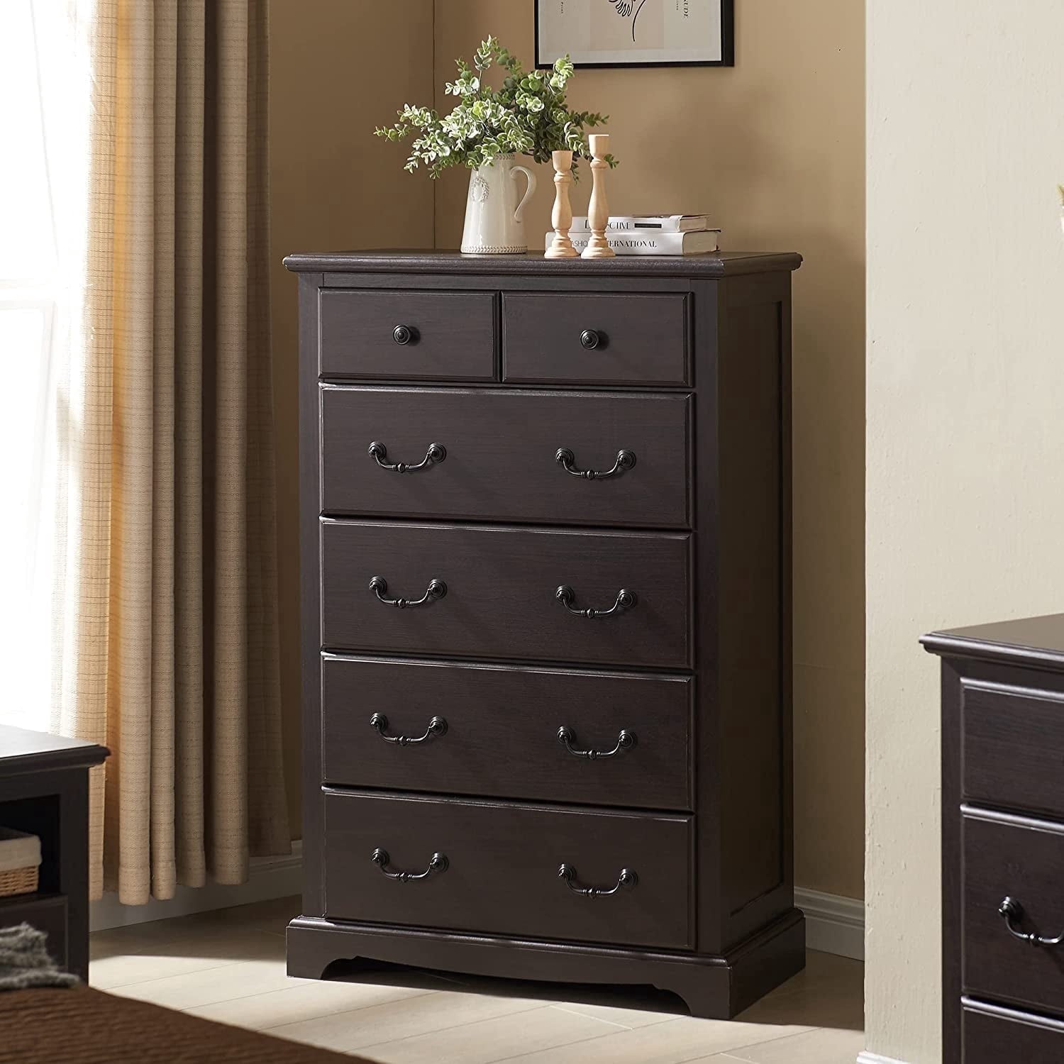 OKD 48" Tall 6 Drawers Dresser for Bedroom, Farmhouse Wooden Chest of Drawers, Closet Clothes Storage Organizer for Bedroom, Living Room, Espresso