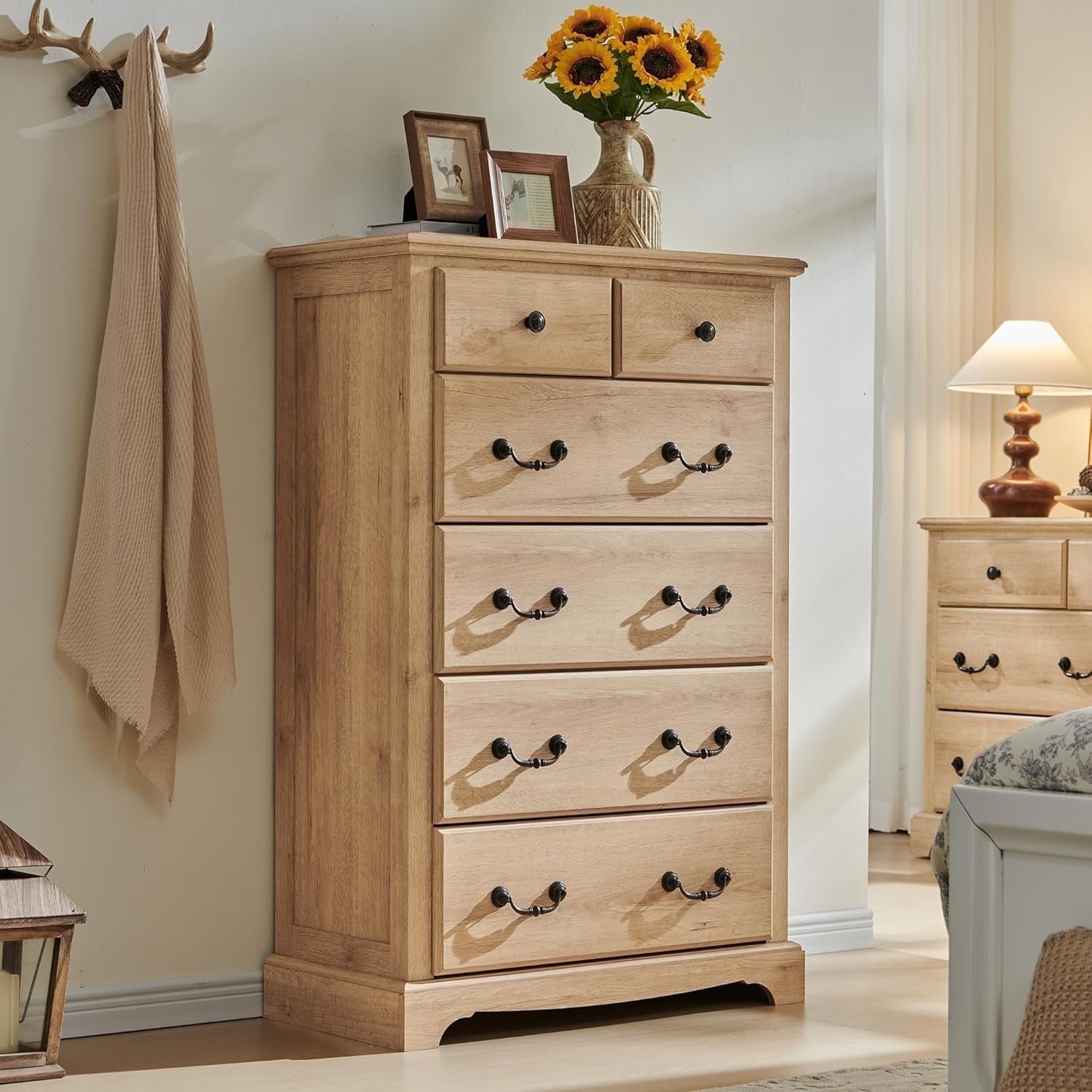 OKD 48" Tall 6 Drawers Dresser for Bedroom, Farmhouse Wooden Chest of Drawers, Closet Clothes Storage Organizer for Bedroom, Living Room, Natural Oak