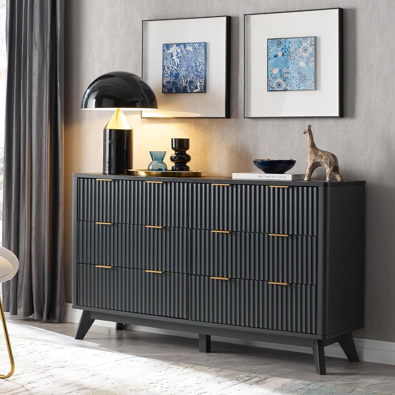 OKD 6 Drawer Dresser for Bedroom with Faux Marble Top, Modern Wood Chest of Drawers, Dresser Organizer, Dark Grey