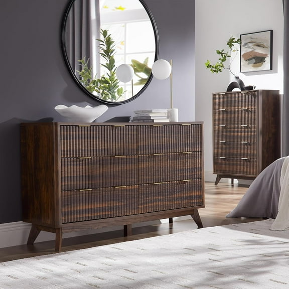 OKD 6 Drawer Dresser for Bedroom with Faux Marble Top, Modern Wood Chest of Drawers, Dresser Organizer, Dark Walnut