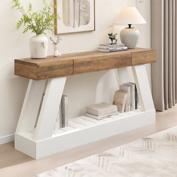 OKD 60" Wood Console Table, Farmhouse 2-Tier Sofa Table Entryway Table with Drawer & Heavy Duty Base for Entrance, Hallway, Living Room - Antique White
