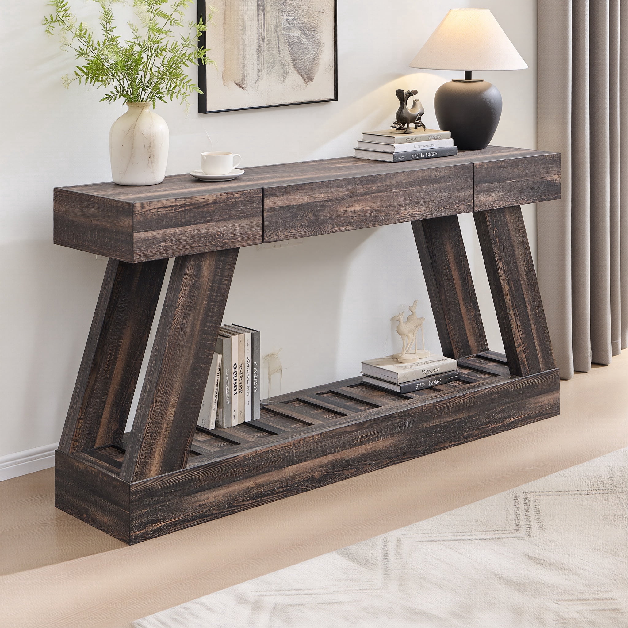 OKD 60" Wood Console Table, Farmhouse 2-Tier Sofa Table Entryway Table with Drawer & Heavy Duty Base for Entrance, Hallway, Living Room - Dark Rustic Oak