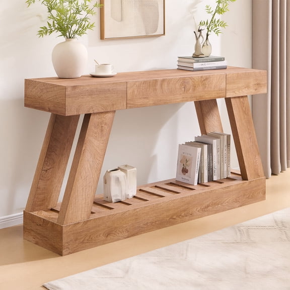 OKD 60" Wood Console Table, Farmhouse 2-Tier Sofa Table Entryway Table with Drawer & Heavy Duty Base for Entrance, Hallway, Living Room - Light Knotty Oak
