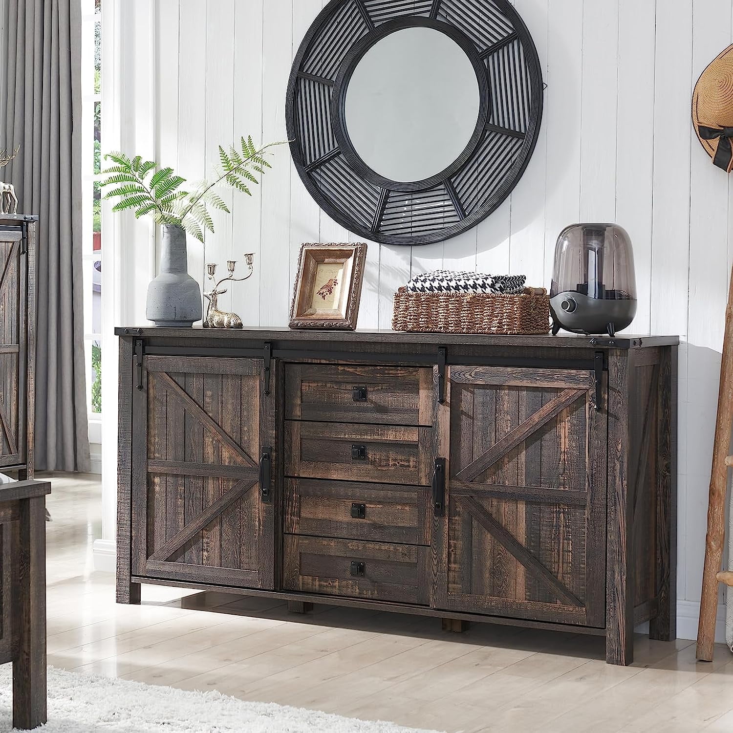 OKD 60" Farmhouse Dresser 4 Drawer Modern Storage Cabinet with Sliding Barn Door for Bedroom, Chest of Drawers Wood Organizer TV Stand for Living Room, Dark Rustic Oak