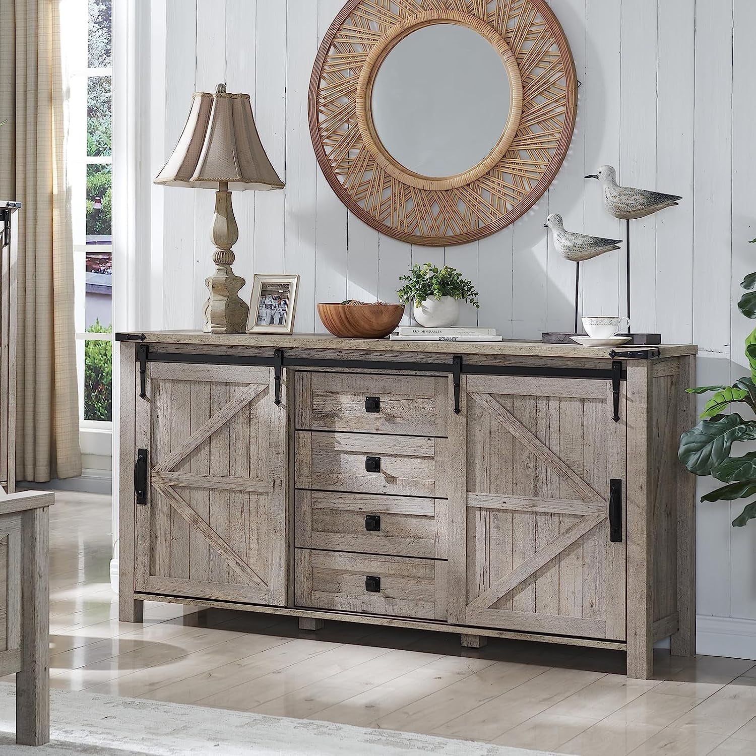 OKD 60" Farmhouse Dresser 4 Drawer Modern Storage Cabinet with Sliding Barn Door for Bedroom, Chest of Drawers Wood Organizer TV Stand for Living Room, Light Rustic Oak