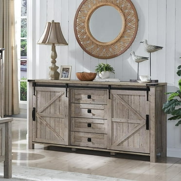 OKD 60" Farmhouse Dresser 4 Drawer Modern Storage Cabinet with Sliding Barn Door for Bedroom, Chest of Drawers Wood Organizer TV Stand for Living Room, Light Rustic Oak