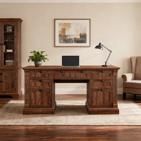 OKD 60" Farmhouse Office Desk，Home Office Desks - Engineered Wood，Corner Desk Charging Station，File drawer，For Study & Living Room Use